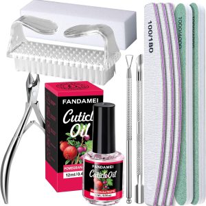 FANDAMEI Nail Files and Buffers Kit, Cuticle Remover Kit with Nail File, Buffer, Buffer Block, Cuticle Nipper, Pusher & Peeler. Nail Cuticle Oil Pomegranate for Nail Care