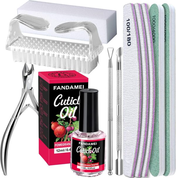 FANDAMEI Nail Files and Buffers Kit, Cuticle Remover Kit with Nail File, Buffer, Buffer Block, Cuticle Nipper, Pusher & Peeler. Nail Cuticle Oil Pomegranate for Nail Care