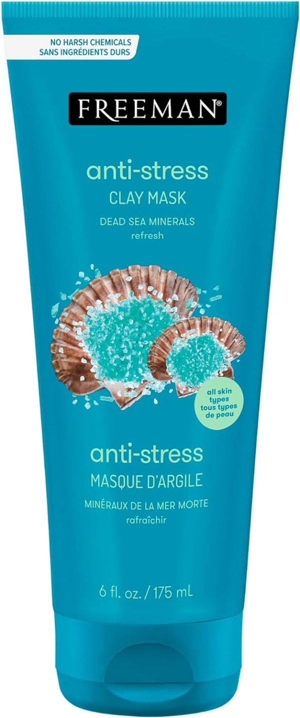 Freeman Dead Sea Minerals Anti-Stress Clay Facial Mask, Hydrating & Clarifying, Clears Pores, Face Mask With Lavender & Bergamot For Radiant Skin, For All Skin Types, 6 fl. oz./175 mL Tube, 1 Count