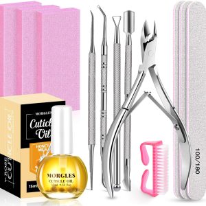 Nail File and Buffer with Cuticle Kit, MORGLES 3pcs Nail Files with 2pcs Nail Buffer Blocks, 5pcs Cuticle Trimmer Set, Milk and Honey Nail Cuticle Oil, Nail Care Kit for Women