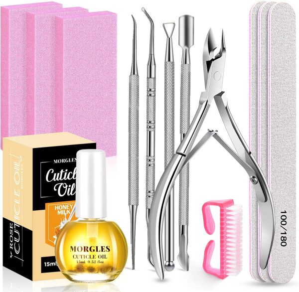Nail File and Buffer with Cuticle Kit, MORGLES 3pcs Nail Files with 2pcs Nail Buffer Blocks, 5pcs Cuticle Trimmer Set, Milk and Honey Nail Cuticle Oil, Nail Care Kit for Women