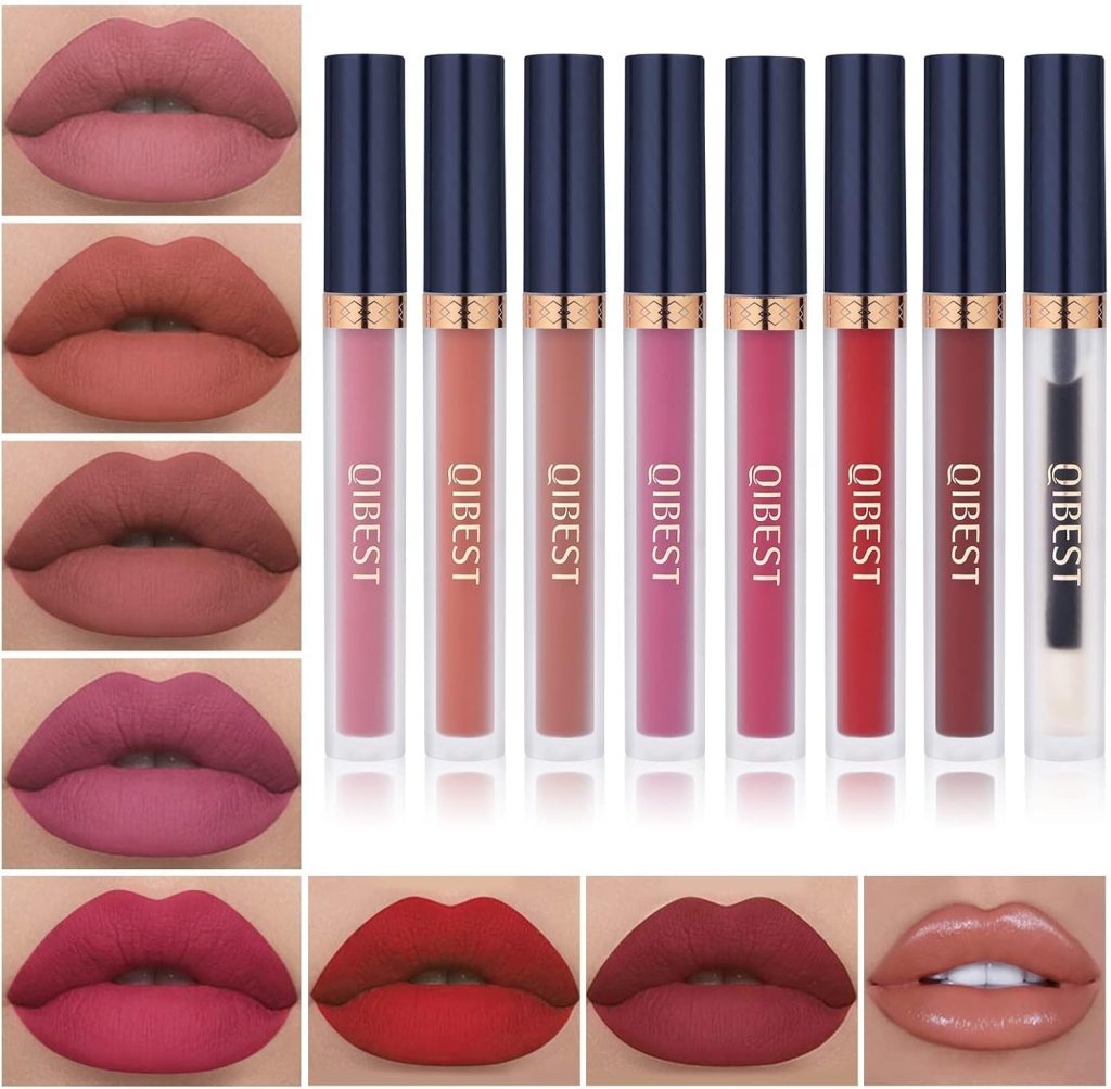 QiBest 7Pcs Matte Liquid Lipstick + 1Pcs Lip Plumper Makeup Set Kit, Pigmented Long Lasting Lip Gloss Set, Velvet Waterproof Halloween Lip Makeup Valentine's Day Gift Sets for Girls and Women