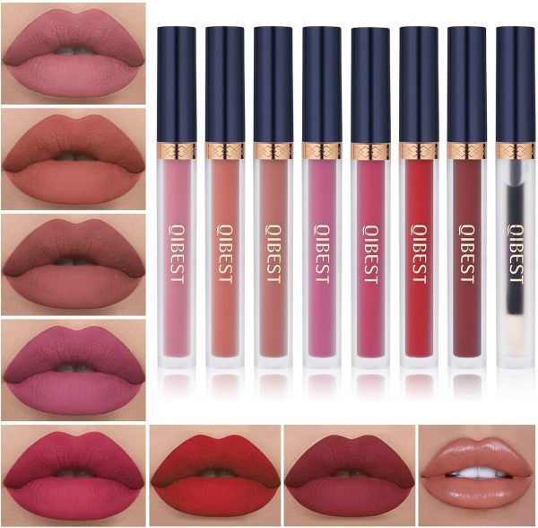 QiBest 7Pcs Matte Liquid Lipstick + 1Pcs Lip Plumper Makeup Set Kit, Pigmented Long Lasting Lip Gloss Set, Velvet Waterproof Halloween Lip Makeup Valentine's Day Gift Sets for Girls and Women