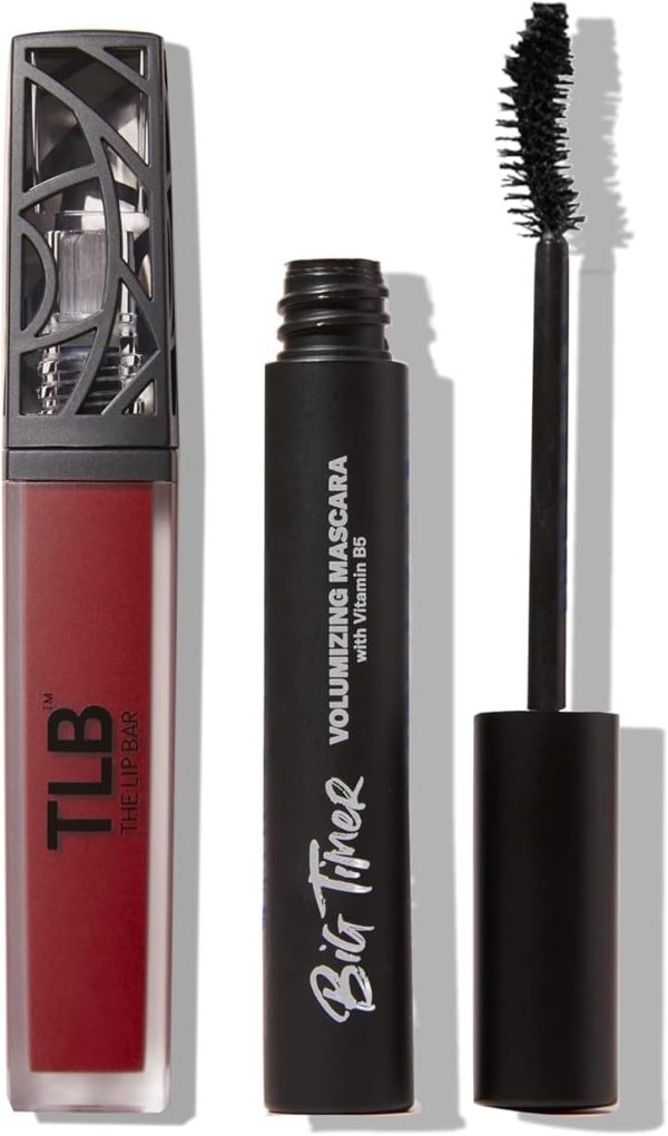 The Lip Bar Vegan Eye and Lip Kit, with Bawse Lady Long Lasting Liquid Matte Lipstick and Big Timer Volumizing Black Mascara, 2 pieces
