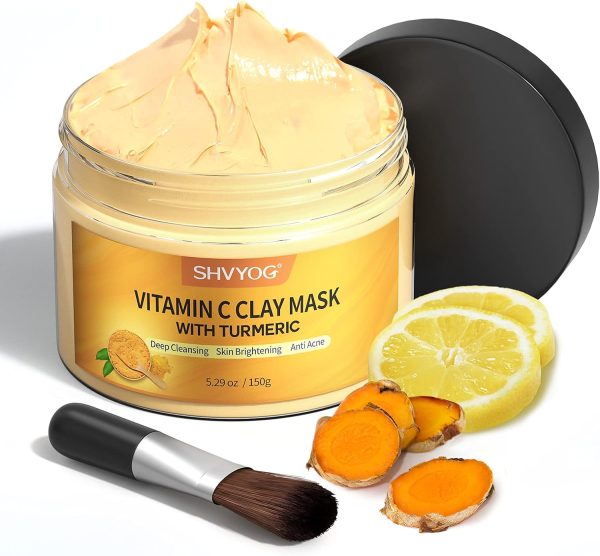 Vitamin C Face Mask with Kaolin Clay and Turmeric for Dark Spots, Dull Skin, Skincare Facial Mask for Controlling Oil and Refining Pores 5.29 Oz